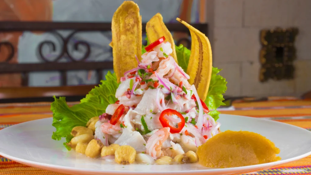 Traditional Peruvian ceviche prepared with fresh fish lemon and chili