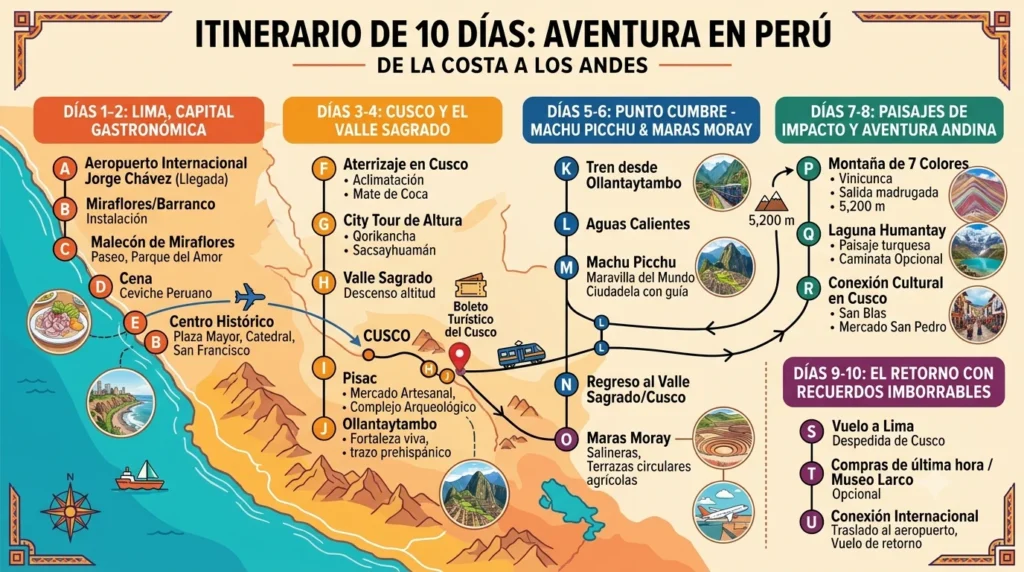 Mapa sobre itinerario que hacer en peru en 10 dias
