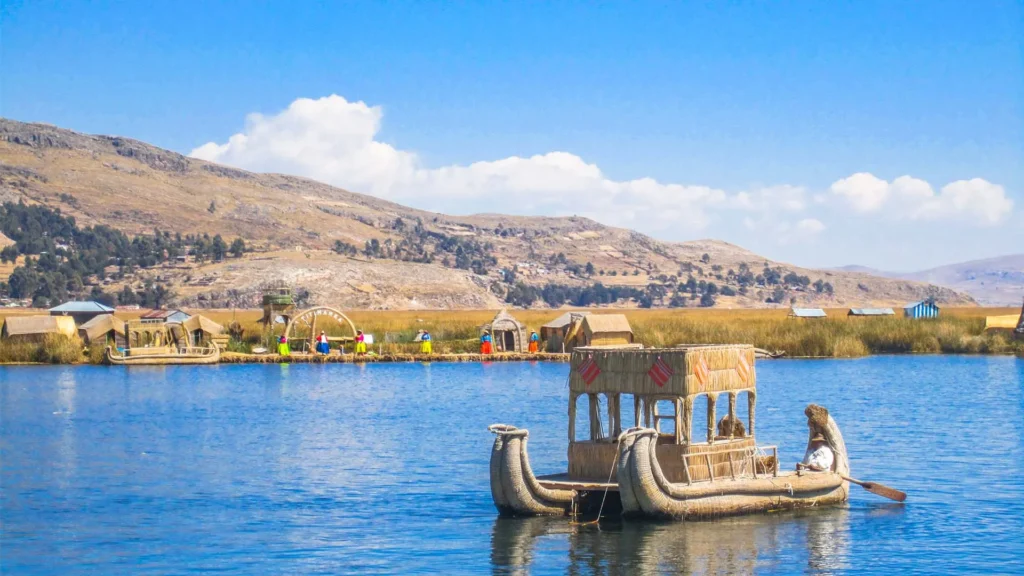 Floating Uros totora reed islands on Lake Titicaca Puno