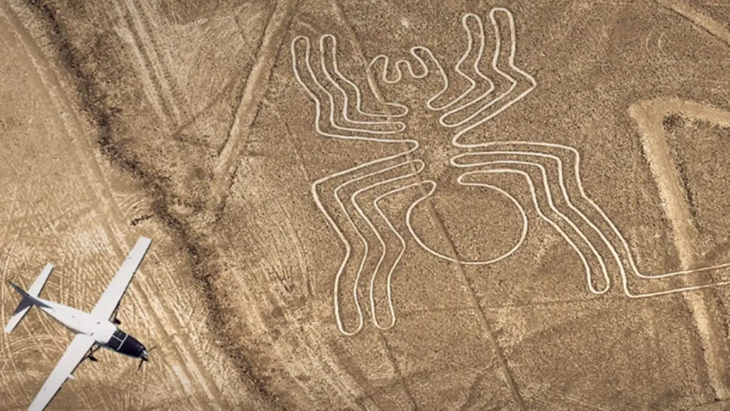 Aerial view of the hummingbird geoglyph at the Nazca Lines Ica