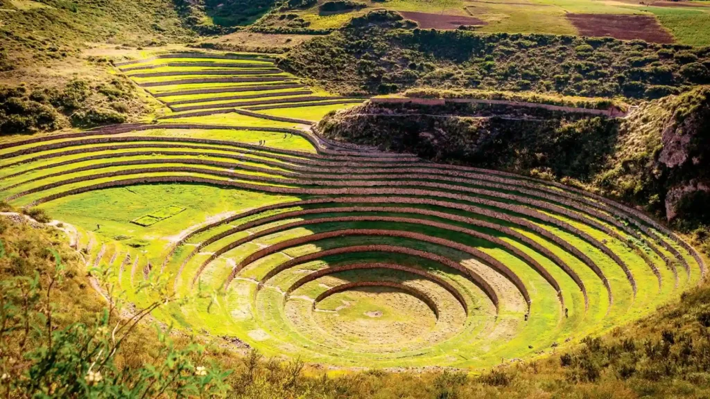Circular Inca terraces at the Moray agricultural laboratory. Guide to the Sacred Valley of the Incas