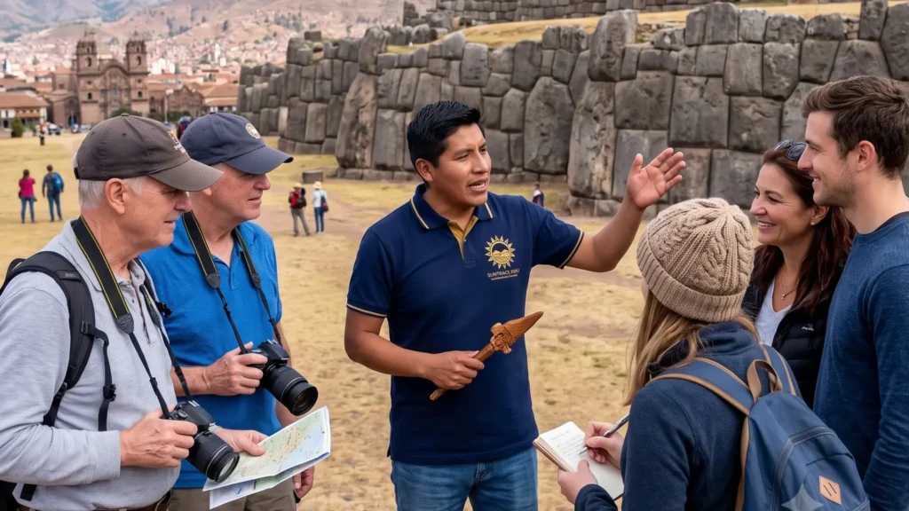 Tourists smiling in Machu Picchu with a local tour guide from a travel agency in Peru.