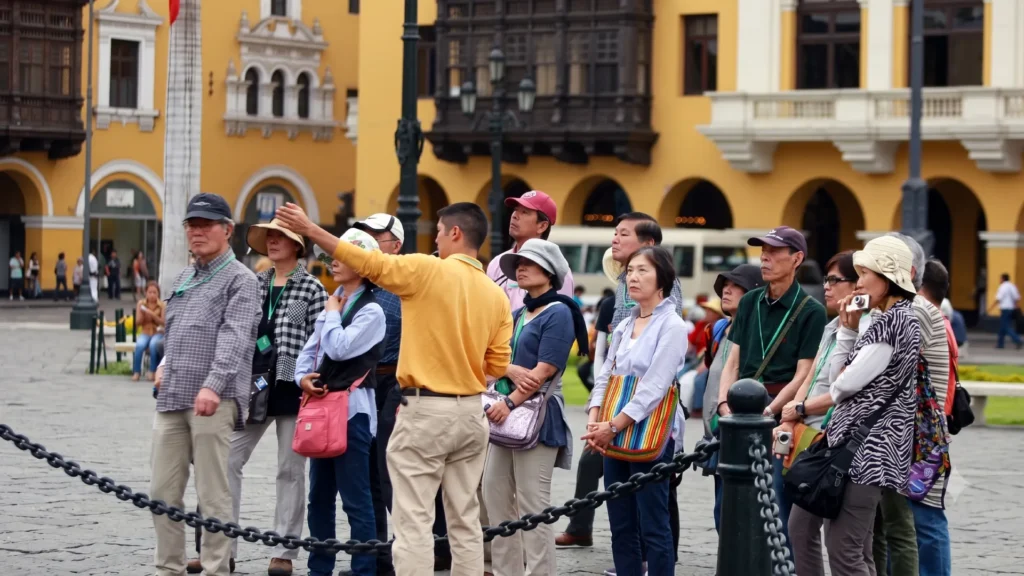 Multilingual tour guide explaining Inca history to visitors in Peru.