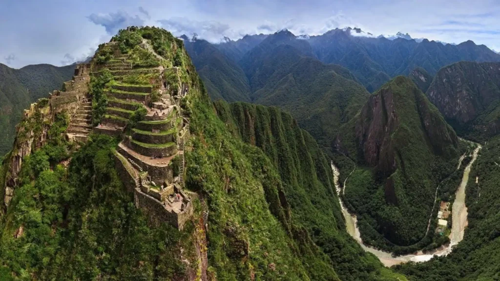 Spectacular view of the Inca citadel from the top of Huayna Picchu mountain.